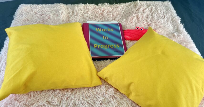 Image of two yellow, square pillows surrounding a pink notebook hot pink pencil case with a monster face.