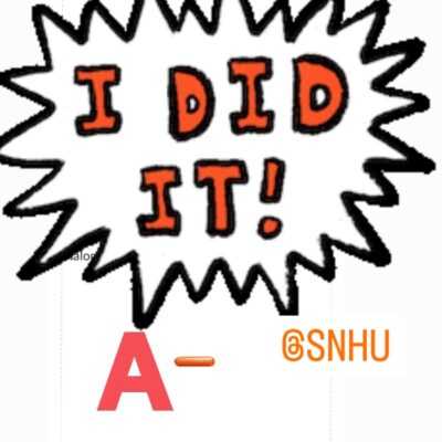 Screenshot showing a final grade of A- with a congratulatory sticker in the shape of a burst with the text: I did it!