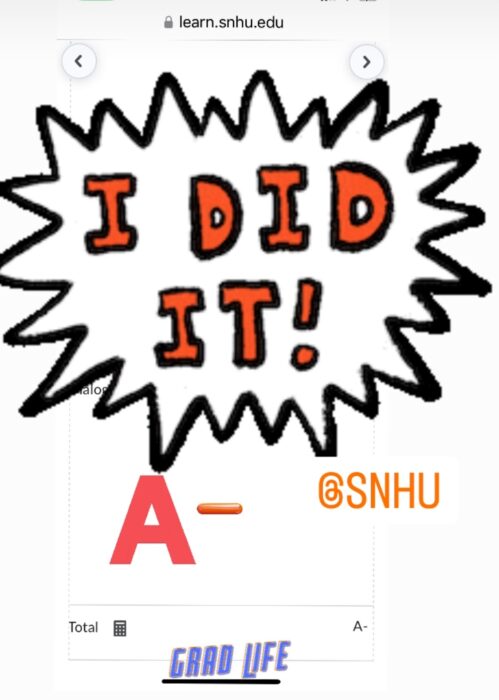 Screenshot showing a final grade of A- with a congratulatory sticker in the shape of a burst with the text: I did it!